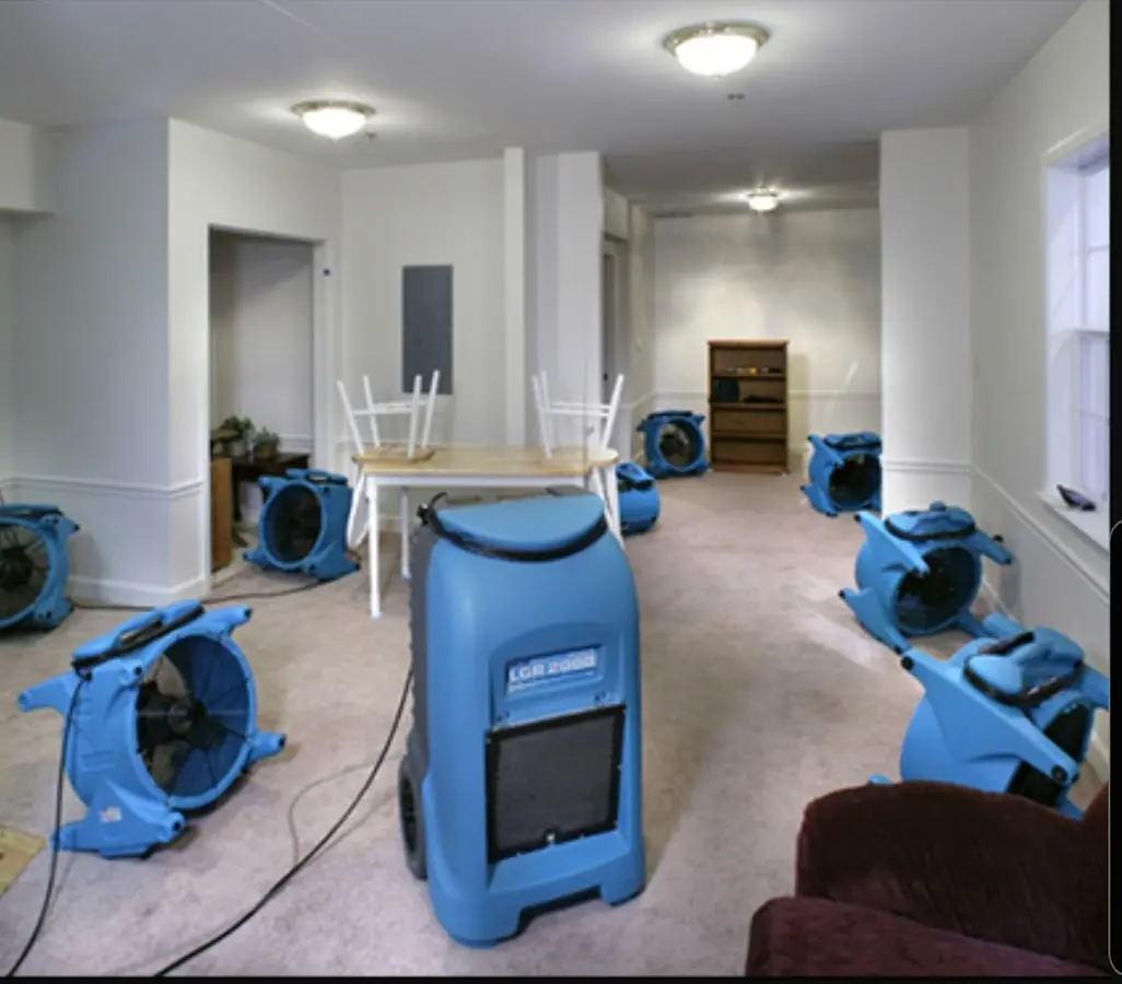 Air movers and dehumidifier setup for Water Damage Restoration in Boonton